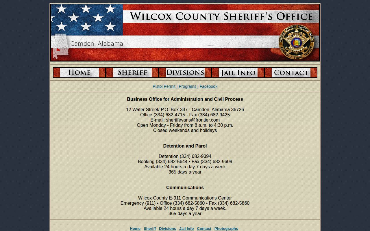 Wilcox County Sheriff contact page with booking and detention numbers