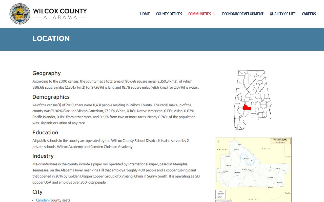 Official Wilcox County location page listing Yellow Bluff